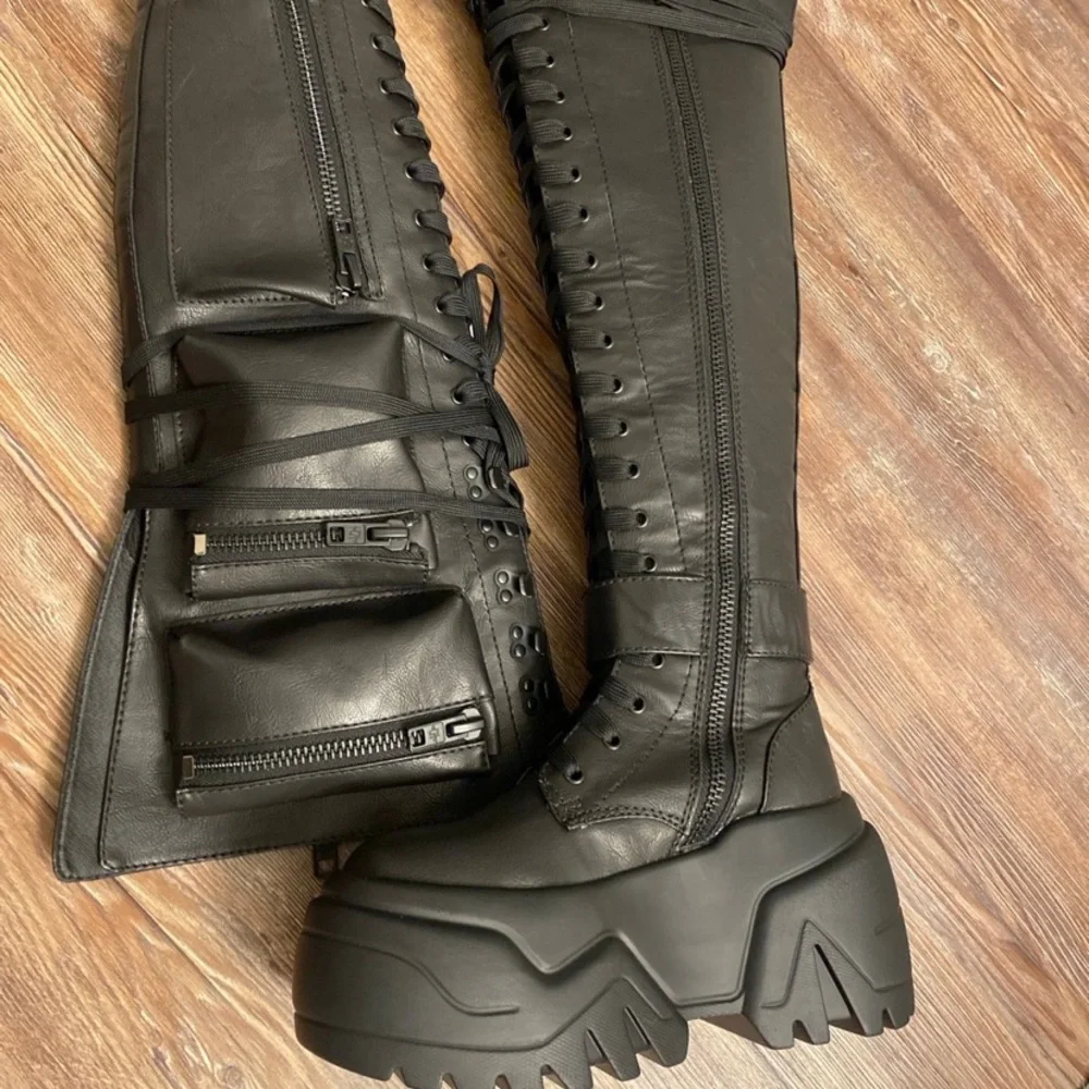Platform Over-the-Knee Lace-Up Boots in Black